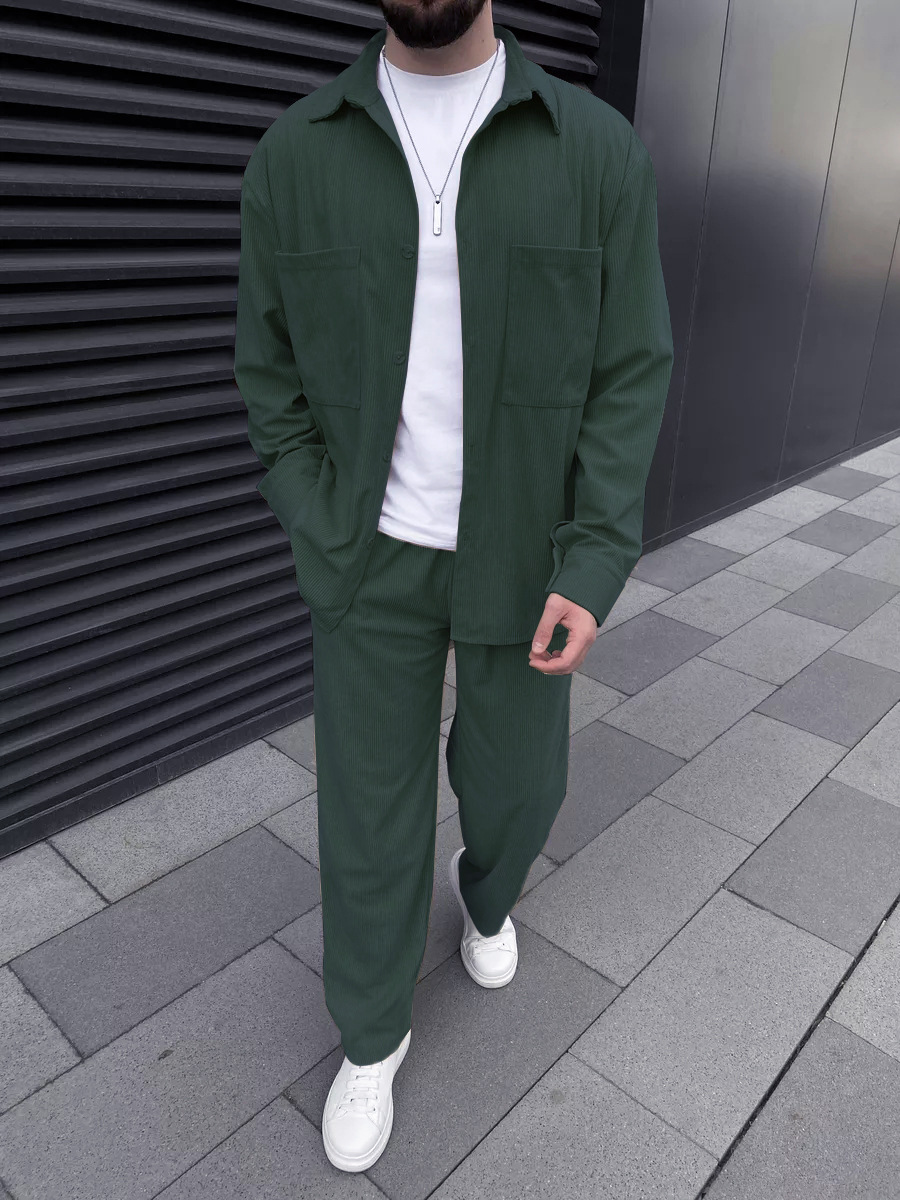 Mens Fashion Clothes - Men's corduroy two-piece outfit: long-sleeved button-down